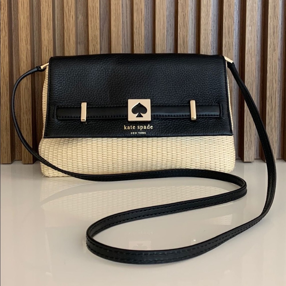 Kate Spade Black Leather & Rattan straw Woven Crossbody Bag